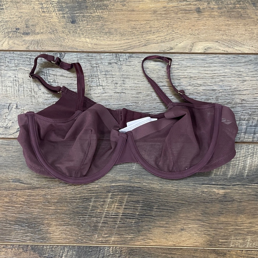 Auden Unlined Demi Coverage Underwire Bra Plum Burgundy 36C Sheer Mesh Lounge